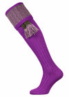 Bright purple shooting sock with dark green and purple pattern with optional dark green garter.