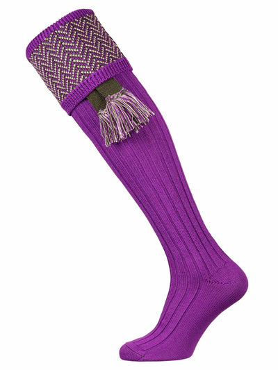 Bright purple shooting sock with dark green and purple pattern with optional dark green garter.