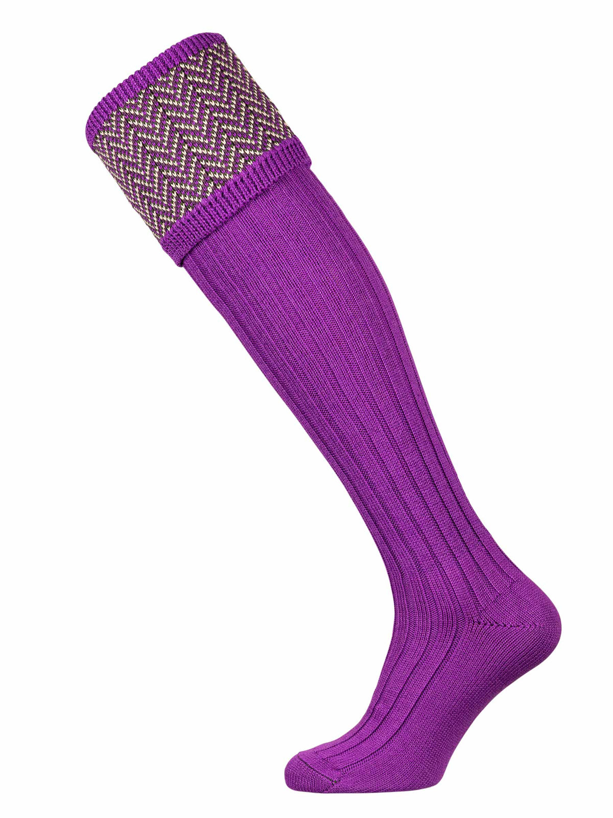 Bright purple shooting sock with dark green and purple pattern.