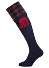 Merino wool shooting sock in navy blue with a burgundy and hunter green pattern knitted in the turnover