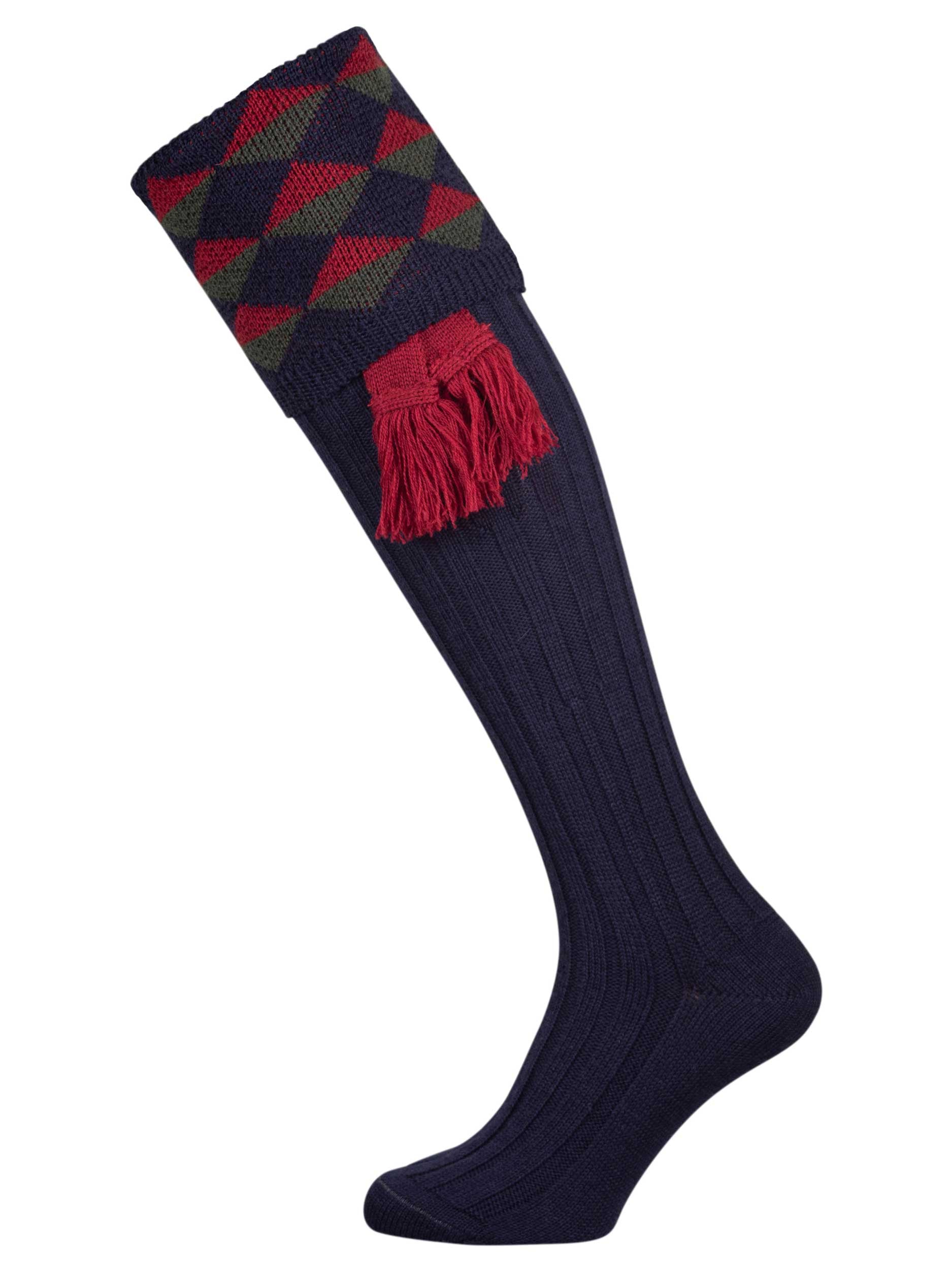Merino wool shooting sock in navy blue with a burgundy and hunter green pattern knitted in the turnover