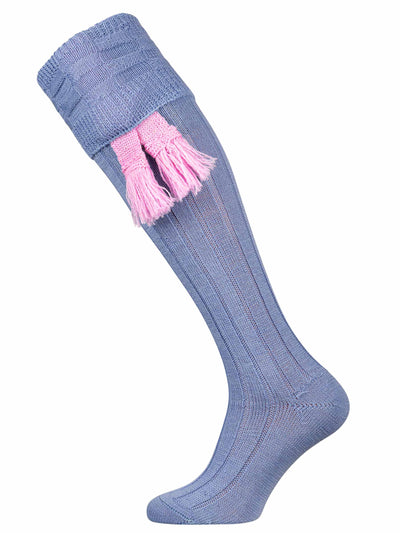 Baby blue woollen shooting sock with optional pink garter
