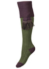 Womens green shooting sock with purple turnover and optional purple garter tie