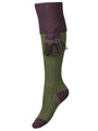 Womens green shooting sock with purple turnover and optional purple garter tie