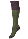Womens green shooting sock with purple turnover