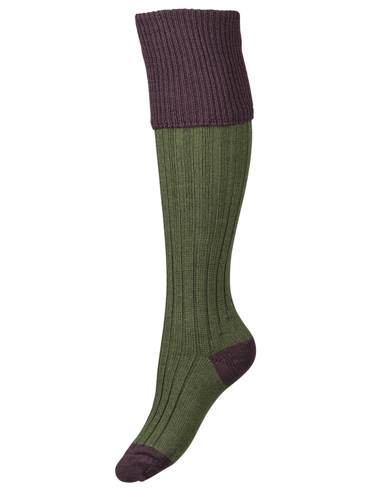 Womens green shooting sock with purple turnover