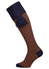 Merino wool shooting sock with cable leg detail in brown with navy blue turnover
