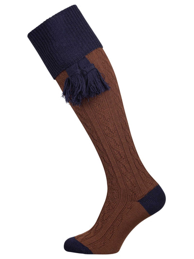 Merino wool shooting sock with cable leg detail in brown with navy blue turnover