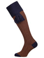 Merino wool shooting sock with cable leg detail in brown with navy blue turnover
