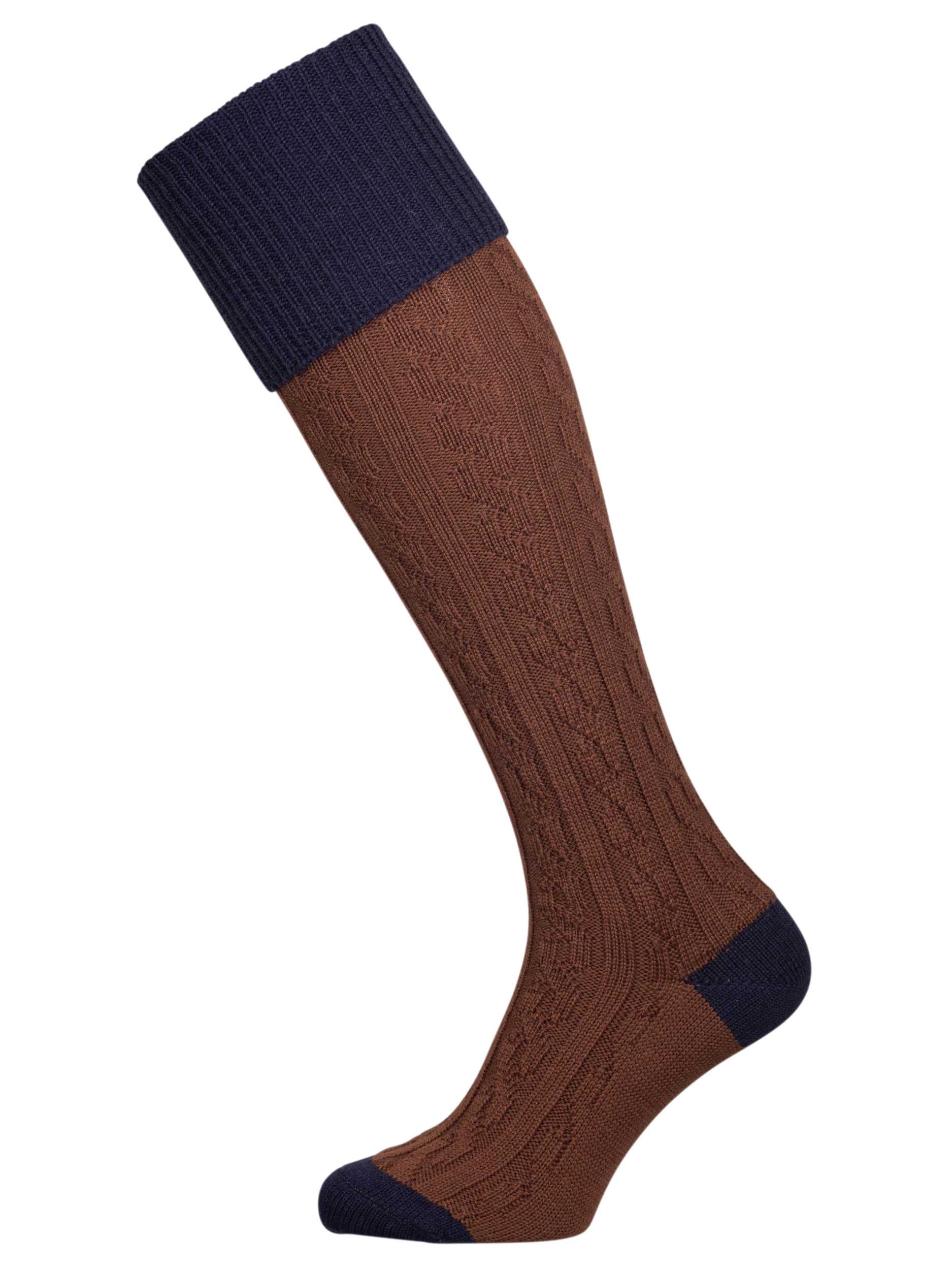 Merino wool shooting sock with cable leg detail in brown with navy blue turnover