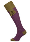 Merino wool shooting sock with cable leg detail in mid purple with sage green turnover