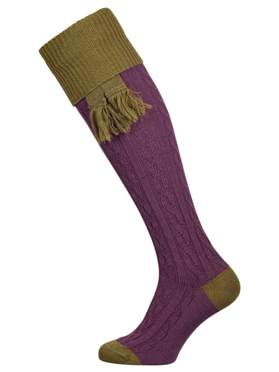 Merino wool shooting sock with cable leg detail in mid purple with sage green turnover