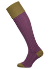 Merino wool shooting sock with cable leg detail in mid purple with sage green turnover