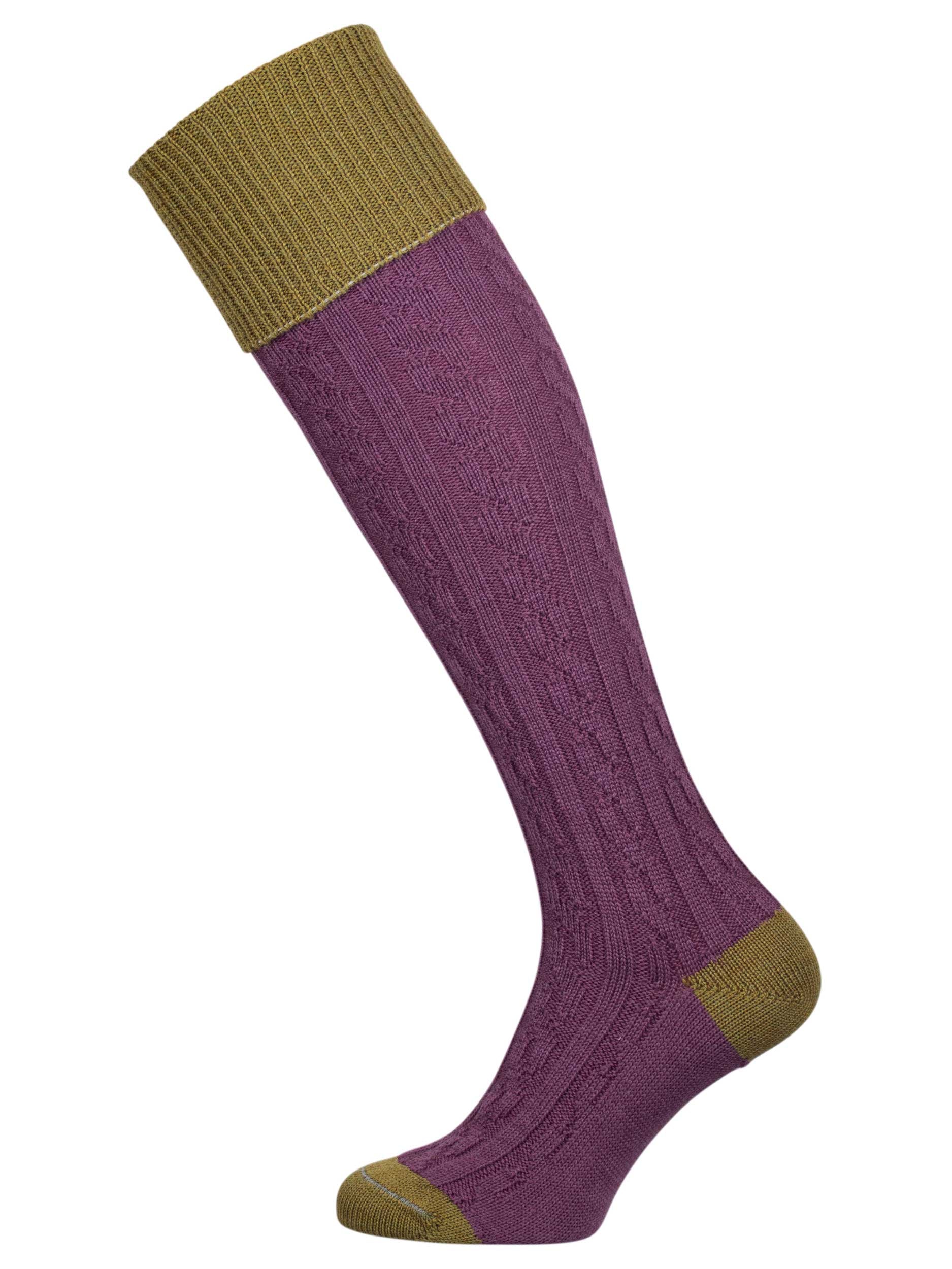 Merino wool shooting sock with cable leg detail in mid purple with sage green turnover