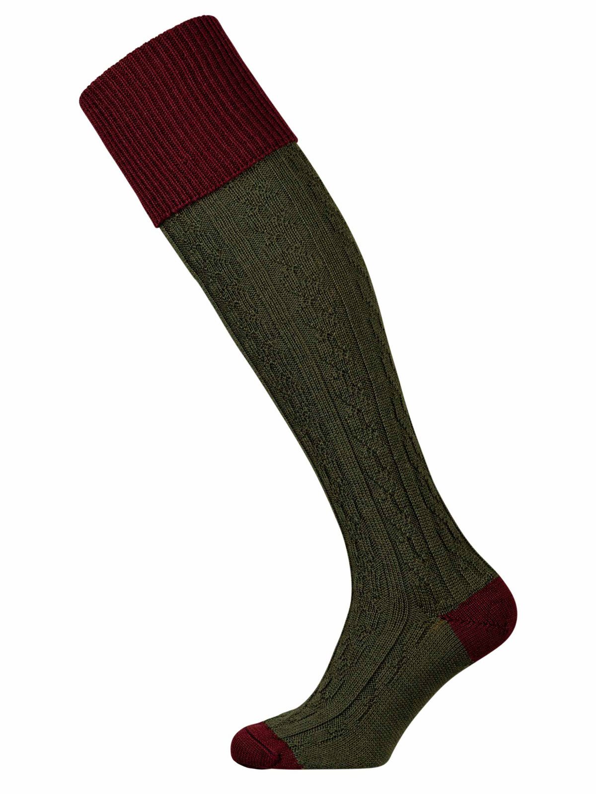 Dark green shooting sock with cable knit detail in the leg and deep burgundy turnover.