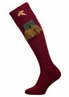 Knee high burgundy shooting socks with embroidered pheasant and green gartr tie