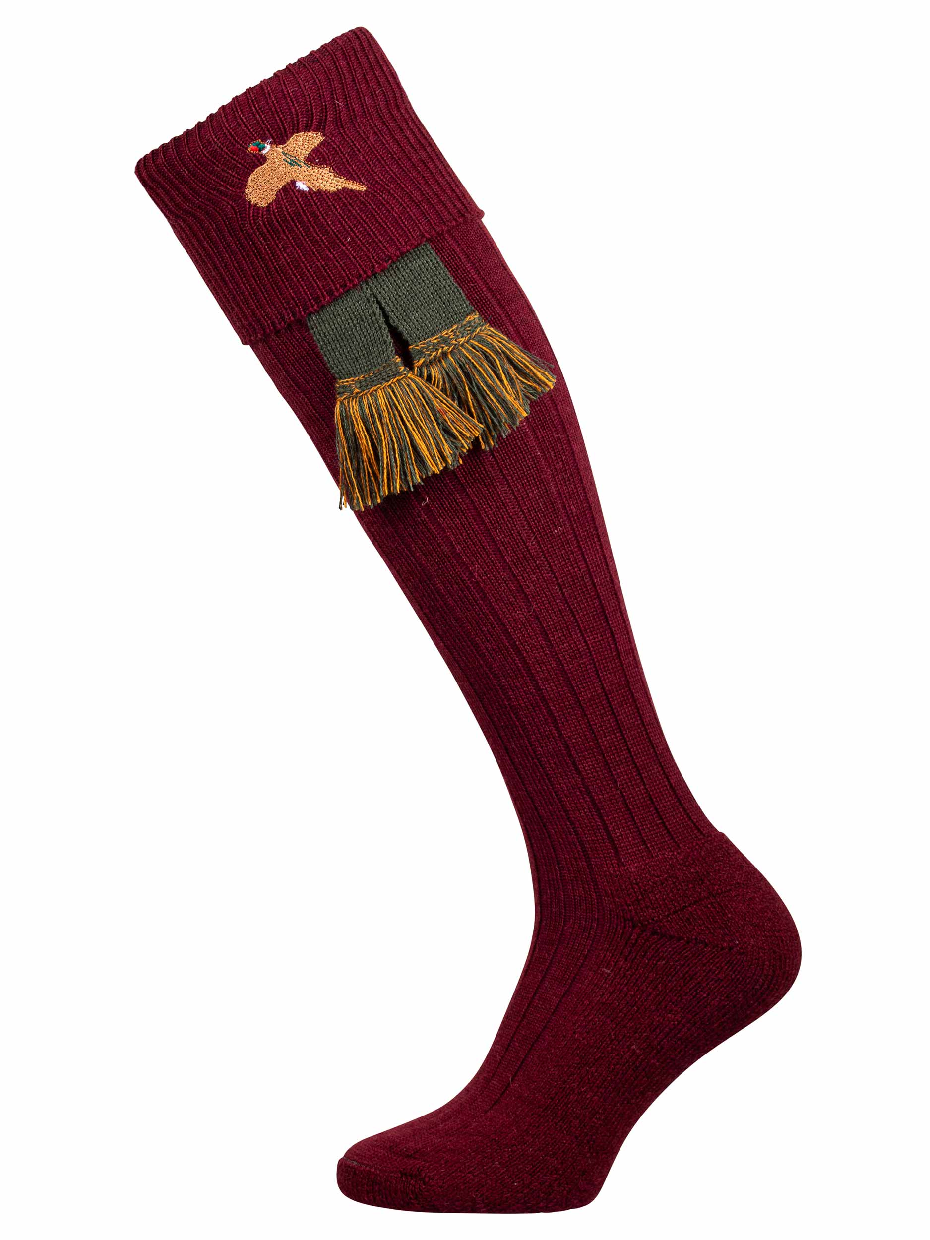 Knee high burgundy shooting socks with embroidered pheasant and green gartr tie