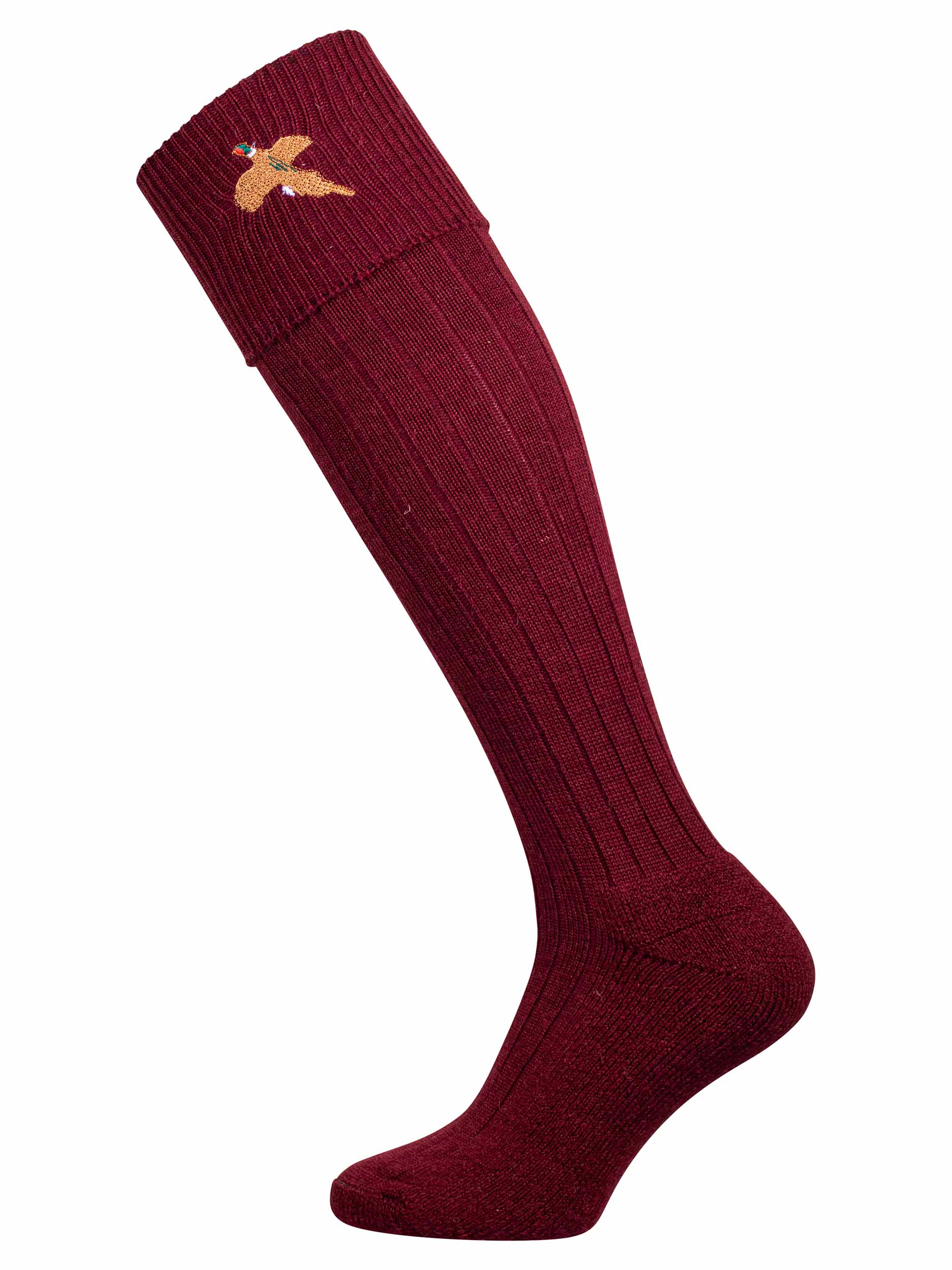Knee high burgundy shooting socks with embroidered pheasant 