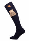 Long knitted sock with turnover top in navy blue with optional camel coloured garter tie