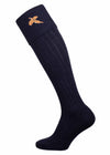 Navy knee-high sock with a small embroidered pheasant on a white background