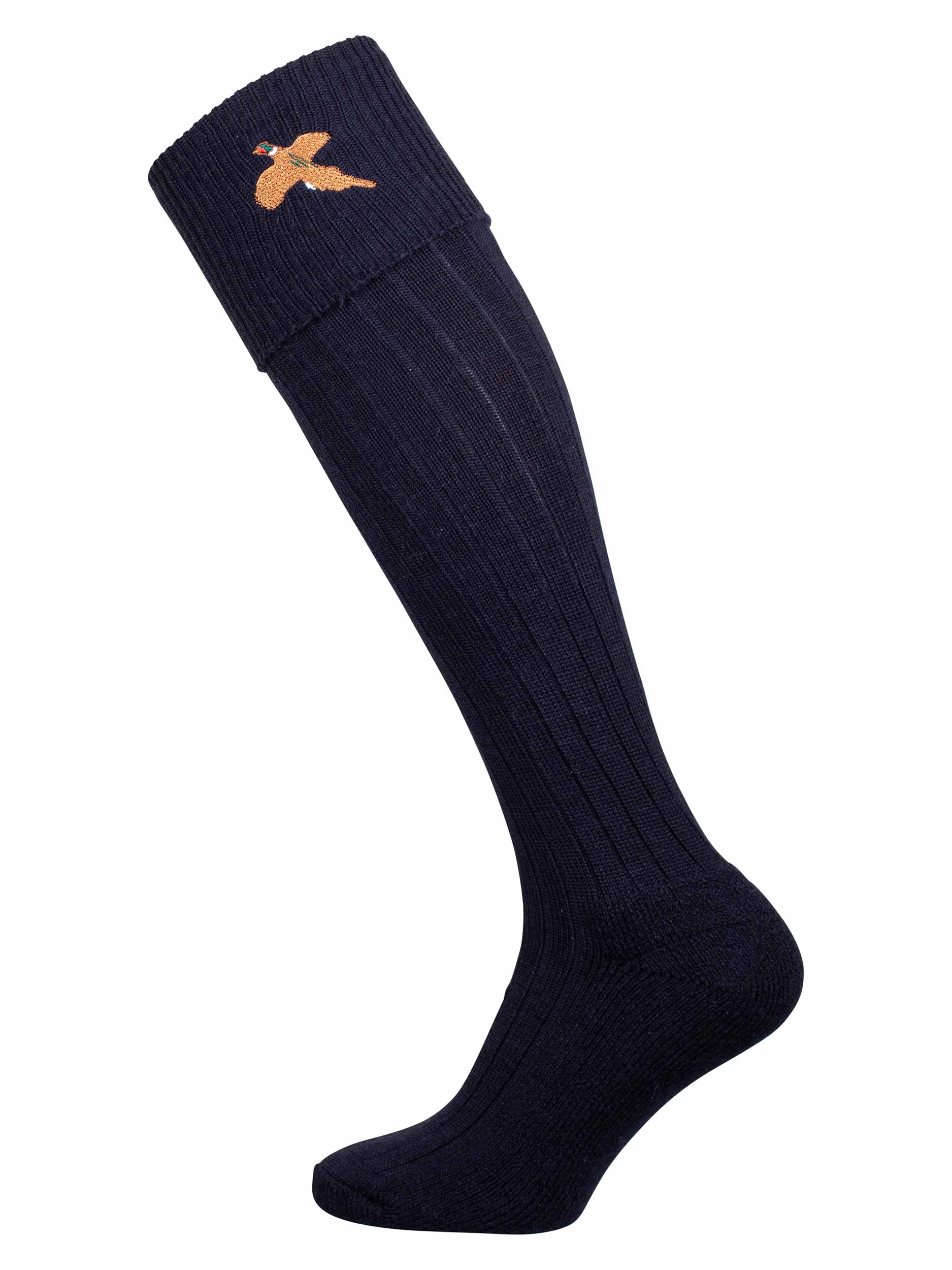 Navy knee-high sock with a small embroidered pheasant on a white background