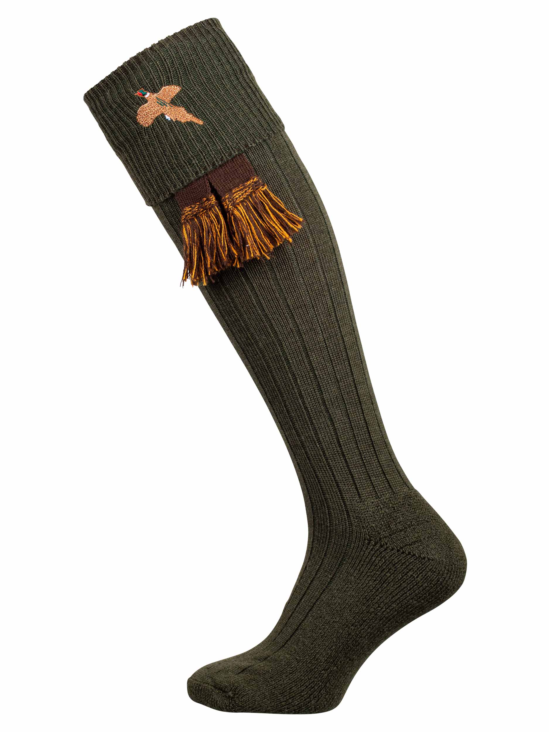The Dymock Embroidered Pheasant, Wool Shooting Sock, Olive