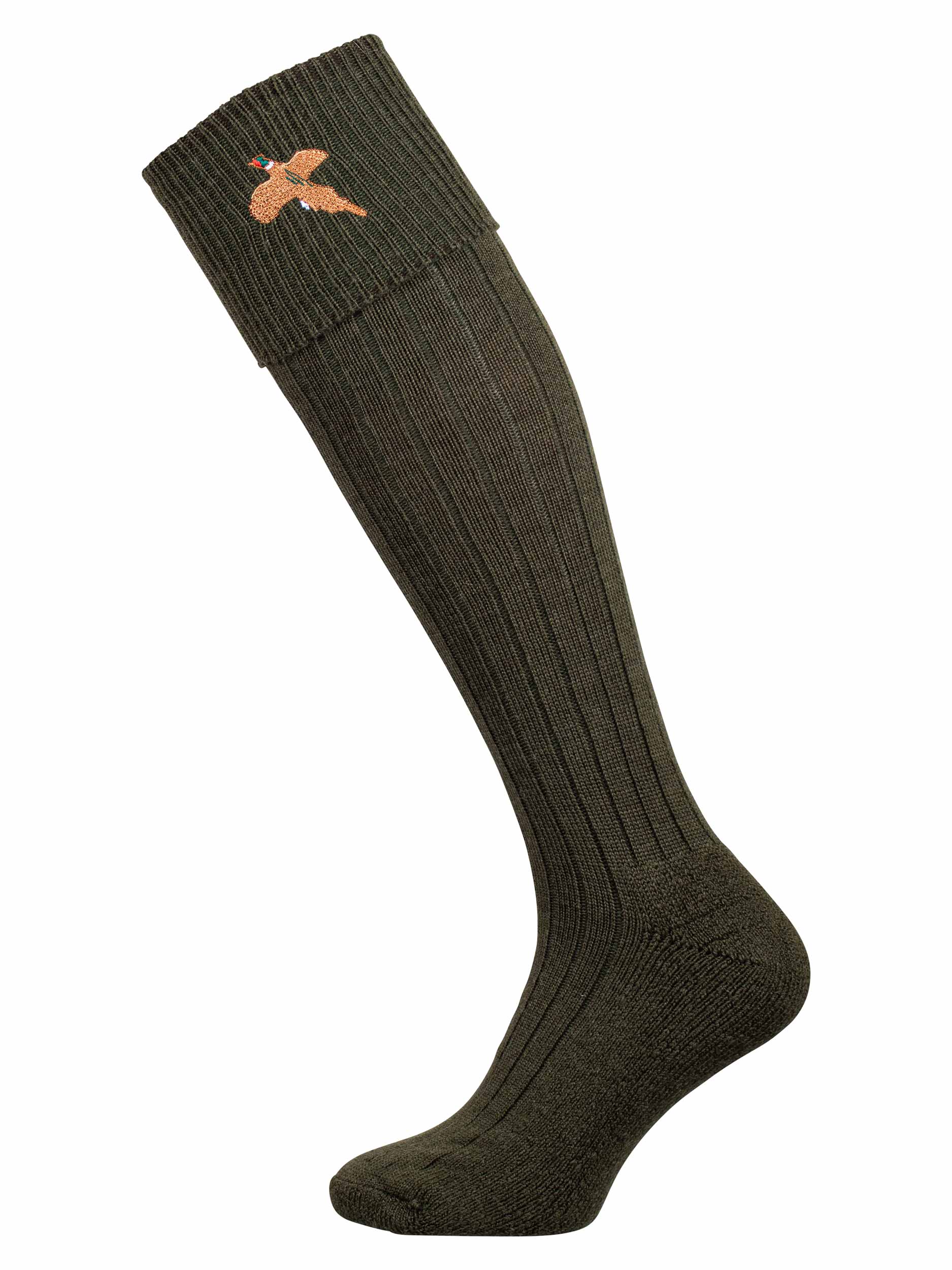 The Dymock Embroidered Pheasant, Wool Shooting Sock, Olive