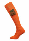 Orange knee high sock with turnover top and embroidered pheasant. optional green and orange knitted garter