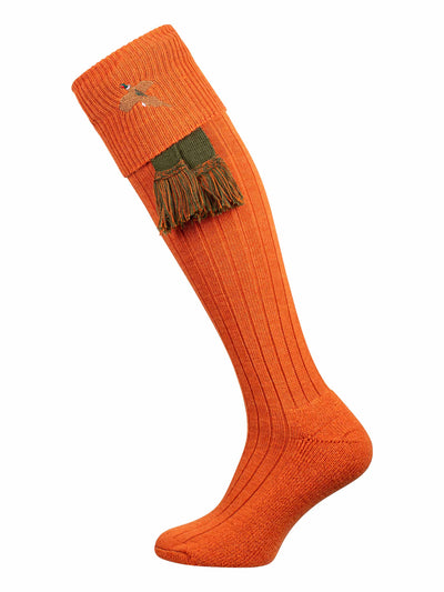 Orange knee high sock with turnover top and embroidered pheasant. optional green and orange knitted garter