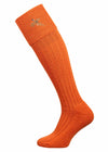 Orange knee high sock with turnover top and embroidered pheasant.
