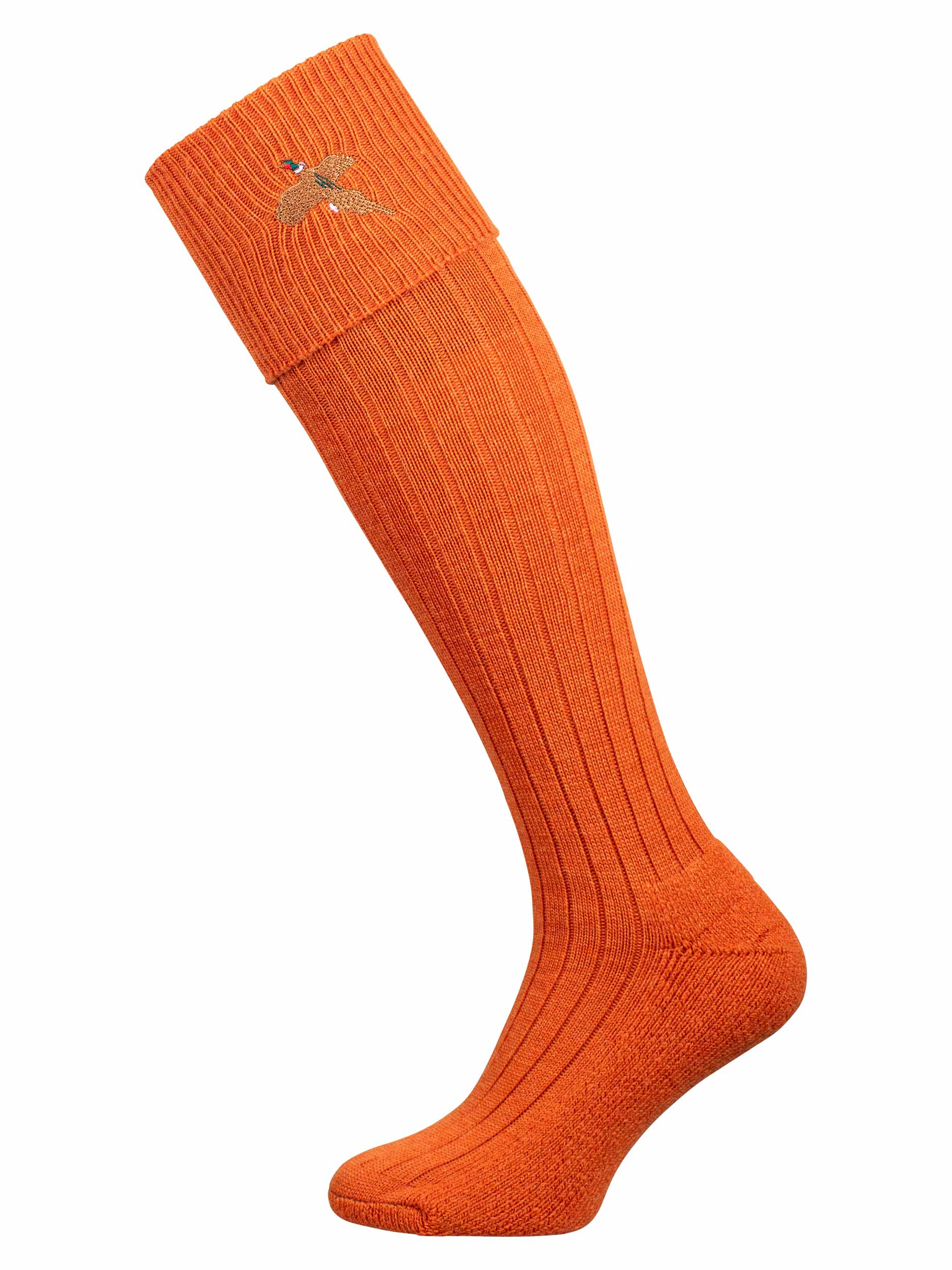Orange knee high sock with turnover top and embroidered pheasant.