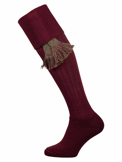 Burgundy merino wool knee high sock with optional garter tie