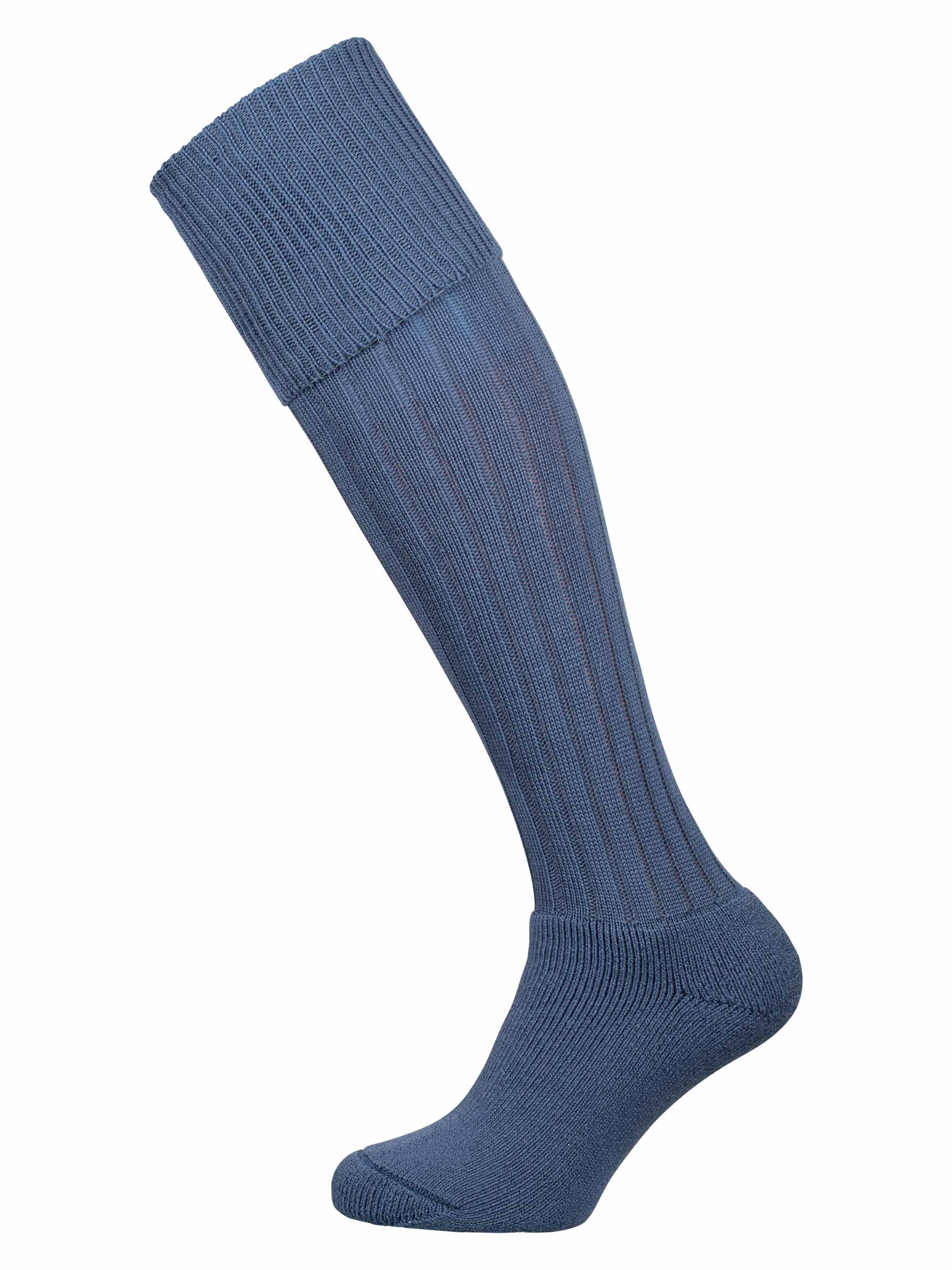 Full length knitted merino wool socks in pale blue.