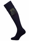 Long knitted merino wool socks in navy blue with optional green garter tie