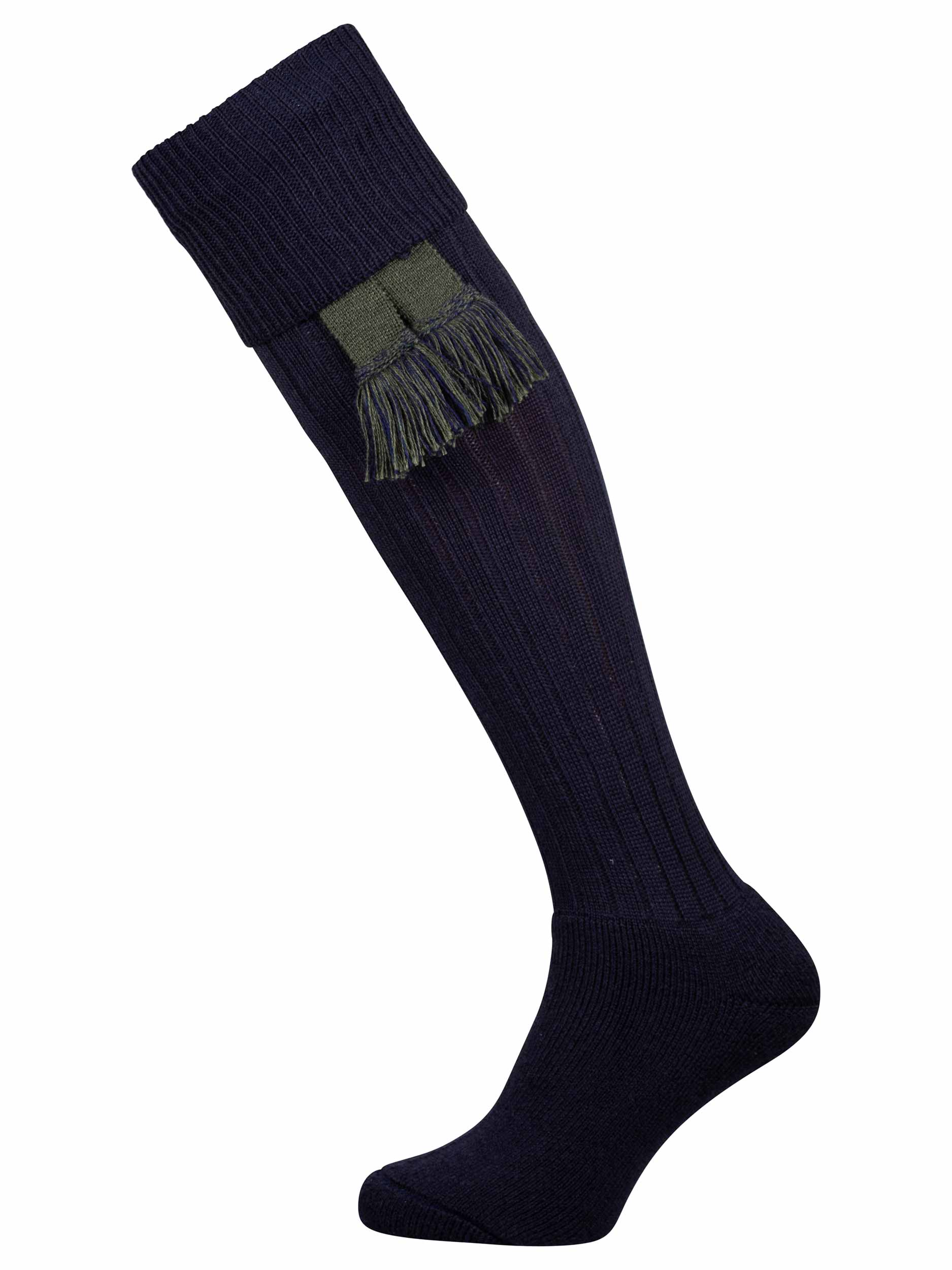 Long knitted merino wool socks in navy blue with optional green garter tie