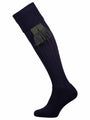Long knitted merino wool socks in navy blue with optional green garter tie