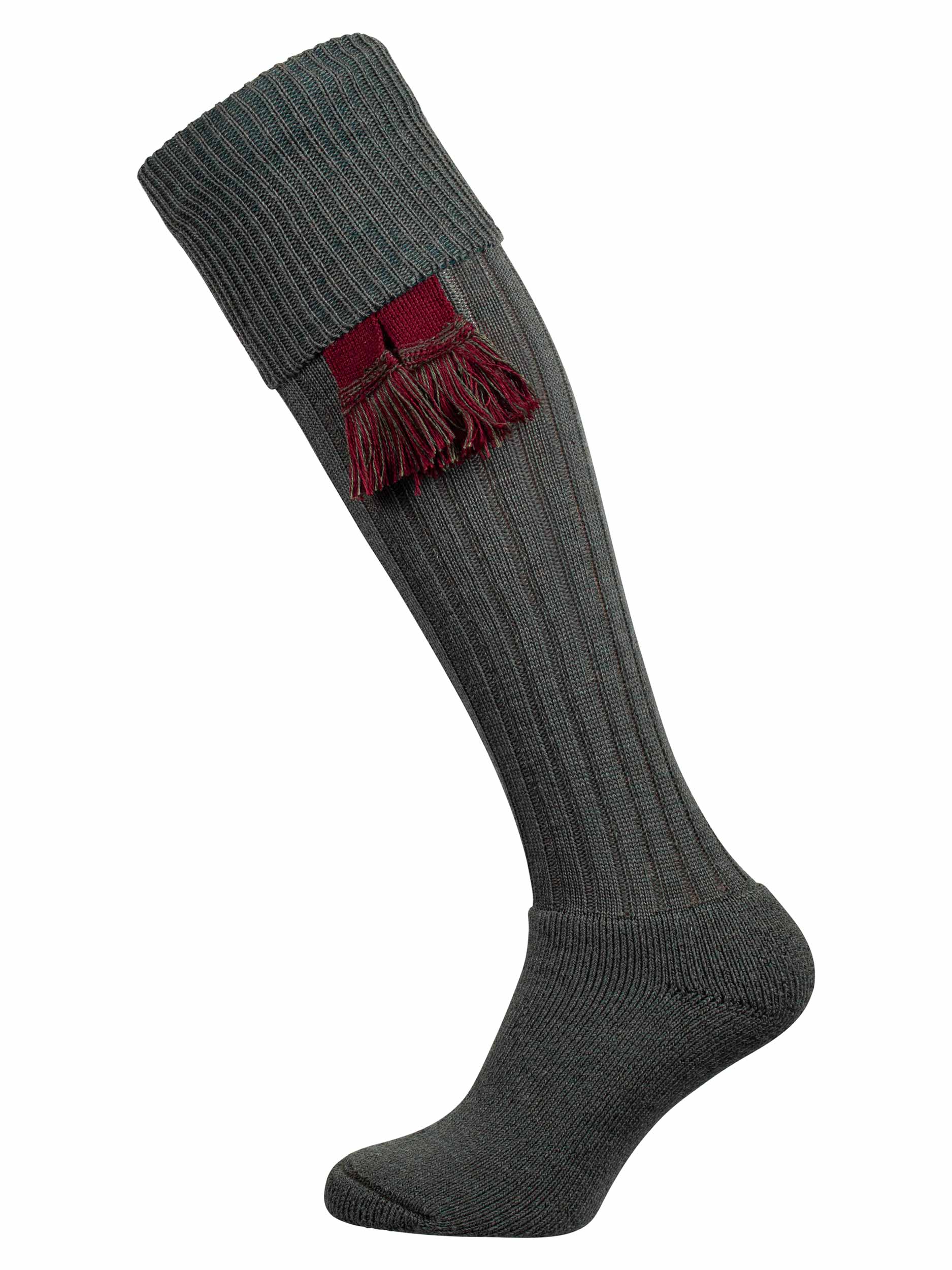 Knee high knitted socks in dark green with optional garter tie in burgundy and bracken.