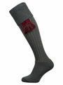 Knee high knitted socks in dark green with optional garter tie in burgundy and bracken.