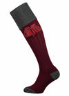 Full length knitted sock in burgundy with a green turnover top and optional garter