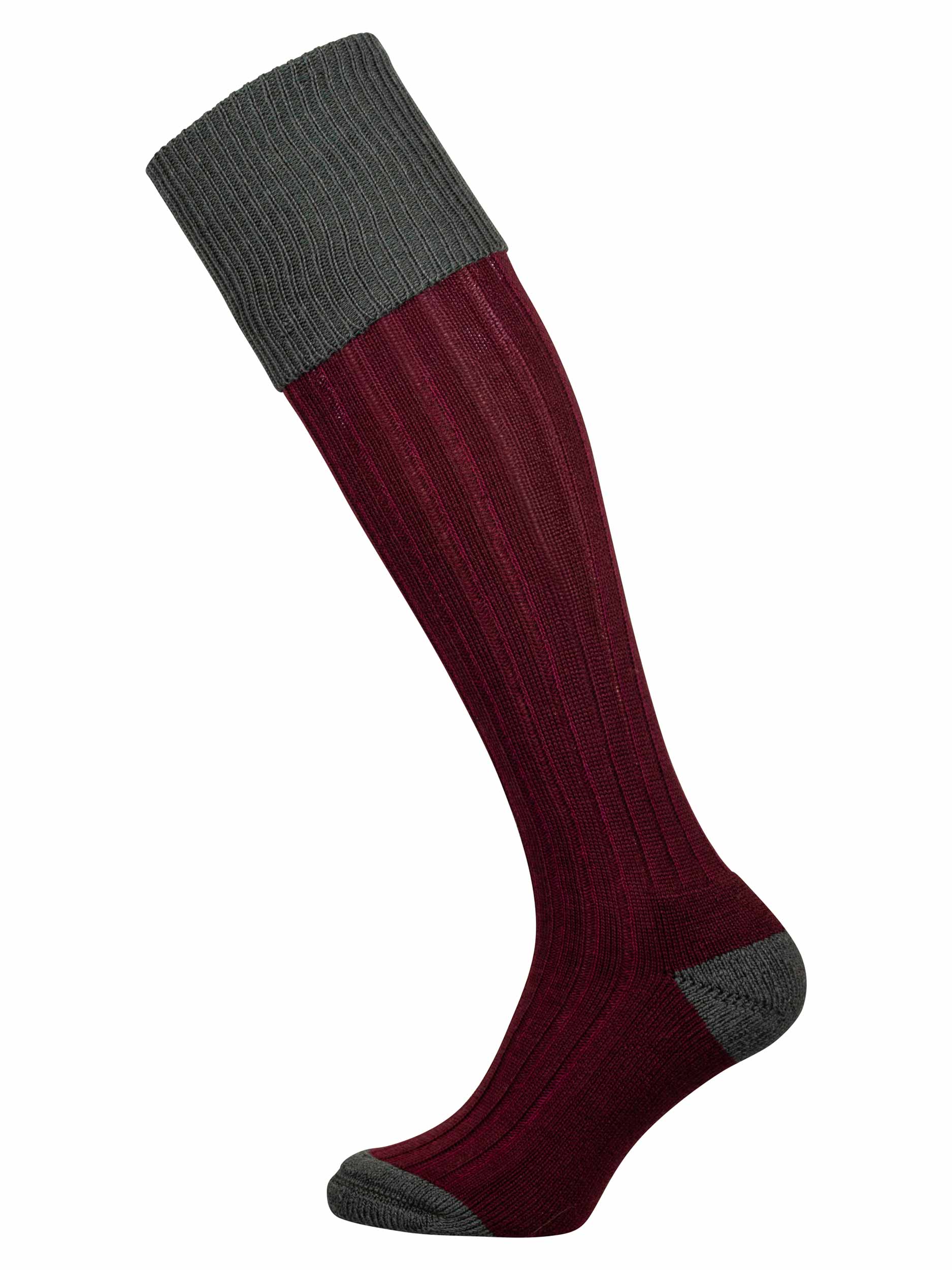 Full length knitted sock in burgundy with a green turnover top.