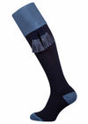 Long Knee high navy blue knitted sock with pale blue turnover and optional garter tie
