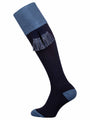 Long Knee high navy blue knitted sock with pale blue turnover and optional garter tie