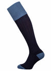 Long Knee high navy blue knitted sock with pale blue turnover.