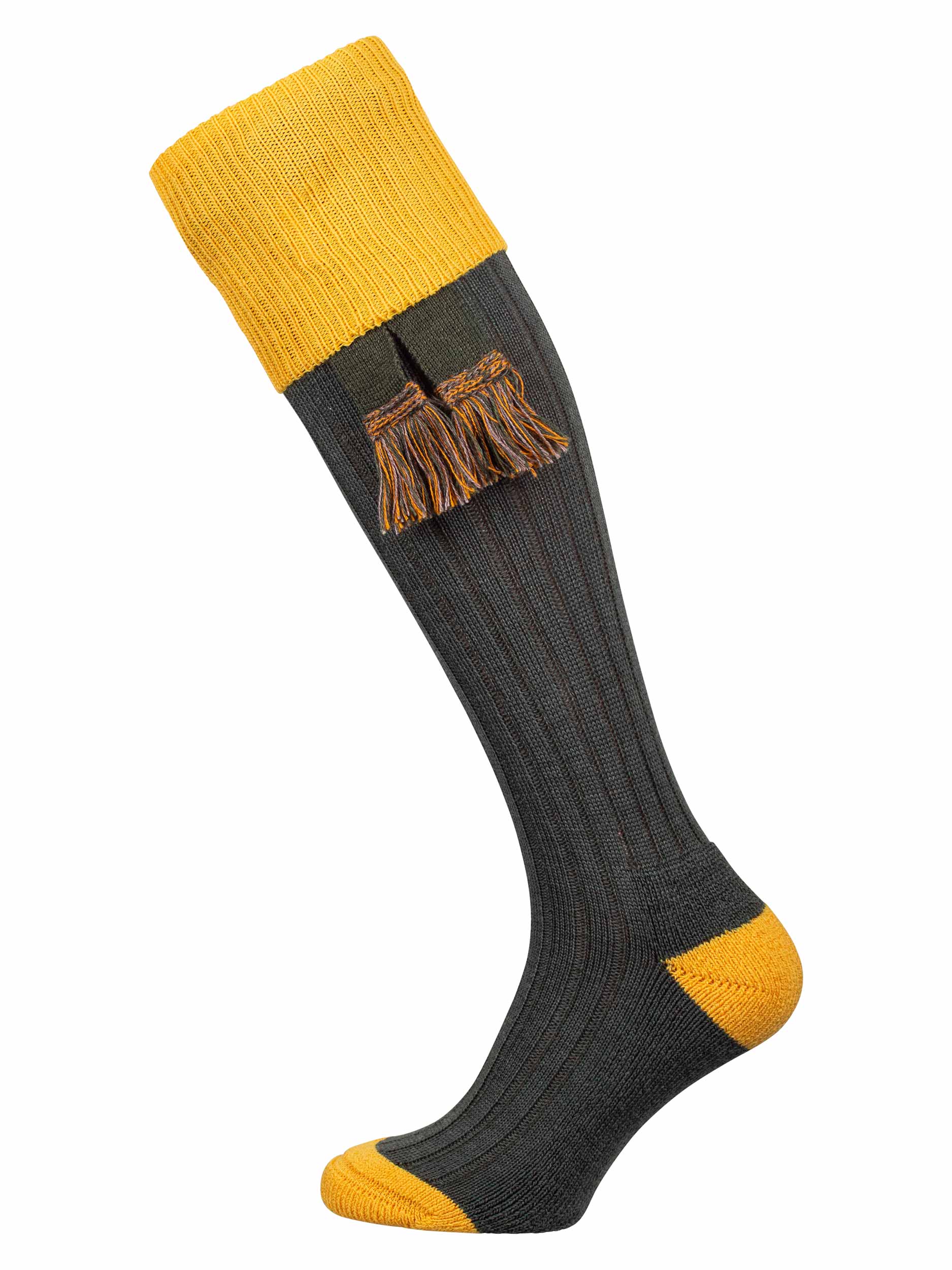 Long green knitted socks with a yellow turnover and matching knitted garters