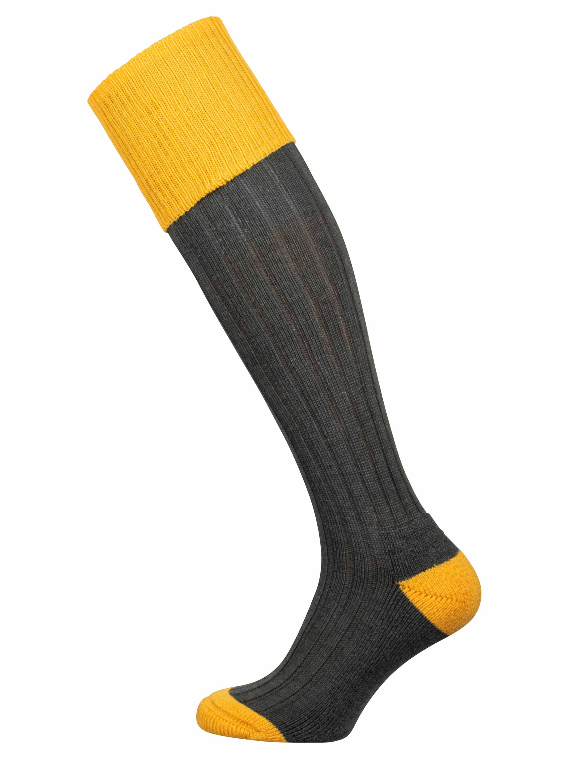 Long green knitted socks with a yellow turnover and matching knitted garters