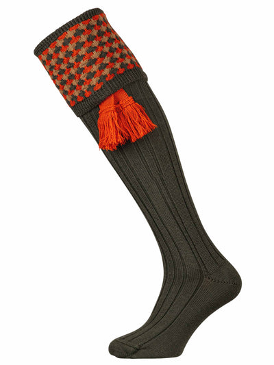 Merino wool shooting sock in deep hunter green with burnt orange and camel pattern - optional orange garters.