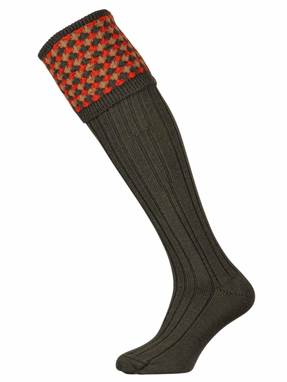 Merino wool shooting sock in deep hunter green with burnt orange and camel pattern.