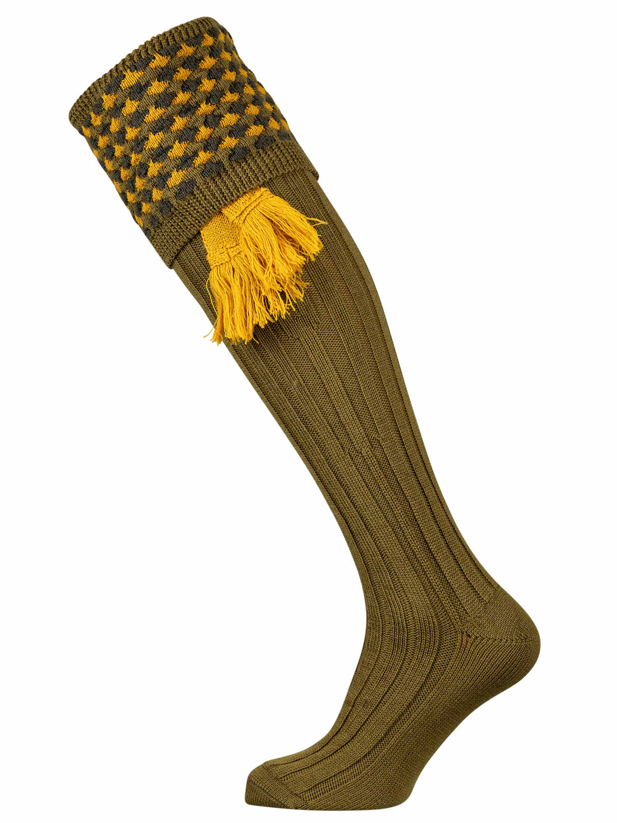 An olive green shooting sock with hunter green and gold detail, optional gold garter tie.