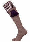 Warm brown shooting sock with deep purple and ecru pattern, with optional deep purple garter tie.