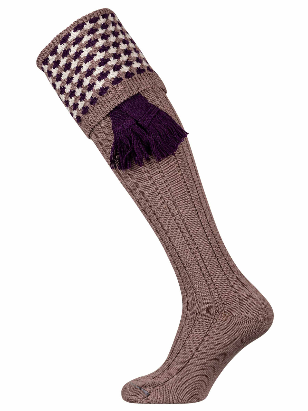 Warm brown shooting sock with deep purple and ecru pattern, with optional deep purple garter tie.